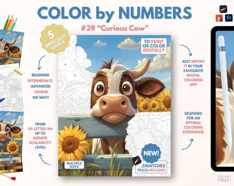 Couleur par numéros pour adultes « Vache curieuse » / Peinture imprimable par numéros / Page de coloriage numérique / Procréer / Ipad / Art-thérapie / Tournesols