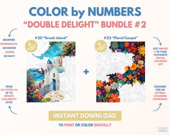 2 x Couleur par numéros pour adultes Bundle/ Peinture imprimable par numéros / Pages de coloriage numériques téléchargeables / Procréer / Ipad / Art-thérapie