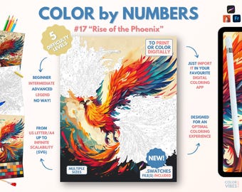Couleur par numéros pour adultes « Rise of the Phoenix » / Peinture imprimable par numéros / Pages de coloriage numériques / Procréer / Ipad / Art-thérapie