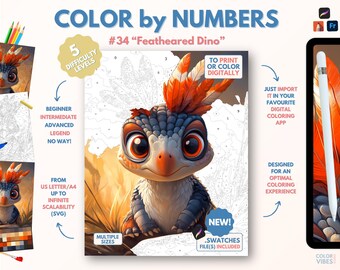Couleur par numéros pour adultes « Feathered Dino » / Peinture imprimable par numéros / Pages de coloriage numériques / Procréer / Ipad / Art-thérapie