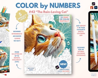 Couleur par numéros pour adultes « The Rain-Lover Cat » / Peinture imprimable par numéros / Page de coloriage numérique / Procréer / Ipad / Art-thérapie