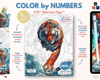 Couleur par numéros pour adultes « Tigre de Sibérie » / Peinture imprimable par numéros / Pages de coloriage numériques / Procréer / Ipad / Art-thérapie