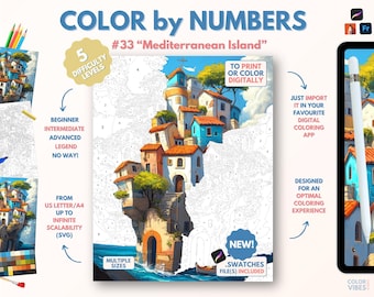 Couleur par numéros pour adultes « Île méditerranéenne » / Peinture imprimable par numéros / Pages de coloriage numérique / Procréer / Ipad / Art-thérapie