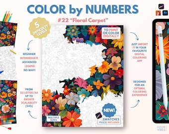 Couleur par numéros pour adultes « Tapis floral » / Peinture imprimable par numéros / Pages de coloriage numériques / Procréer / Ipad / Art-thérapie