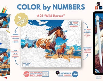 Couleur par numéros pour adultes « Chevaux sauvages » / Peinture imprimable par numéros / Pages de coloriage numériques / Procréer / Ipad / Art-thérapie