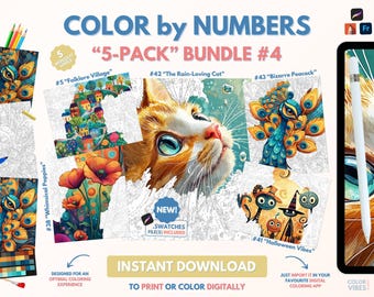 5 x Couleur par numéros pour adultes Bundle / Peinture imprimable par numéros / Pages de coloriage numériques téléchargeables / Procréer / Ipad / Art-thérapie