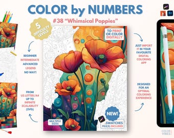 Couleur par numéros pour adultes « Coquelicots fantaisistes » / Peinture imprimable par numéros / Pages de coloriage numériques / Procréer / Ipad / Art-thérapie