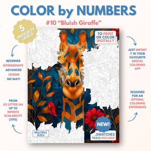Color by Numbers for Adults &quot;Bluish Giraffe&quot; / Printable Paint by Numbers / Digital Coloring Pages / Procreate / Ipad / Art Therapy