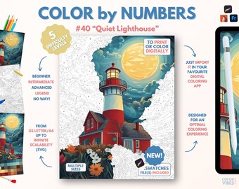 Couleur par numéros pour adultes « Phare silencieux » / Peinture imprimable par numéros / Page de coloriage numérique / Procréer / Ipad / Art-thérapie