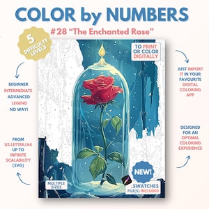 Può includere: Pagina da colorare Color by Numbers con una rosa in una cupola di vetro. L'immagine è etichettata come "#28 "The Enchanted Rose"". La pagina è progettata per la stampa o la colorazione digitale. Include cinque livelli di difficoltà, dal principiante alla leggenda.