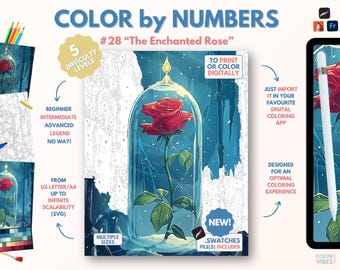 Couleur par numéros pour adultes « La Rose enchantée » / Peinture imprimable par numéros / Pages de coloriage numériques / Procréer / Ipad / Art-thérapie