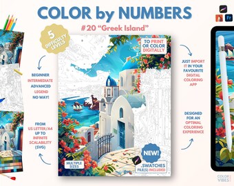 Couleur par numéros pour adultes « Île grecque » / Peinture imprimable par numéros / Pages de coloriage numériques / Procréer / Ipad / Art-thérapie