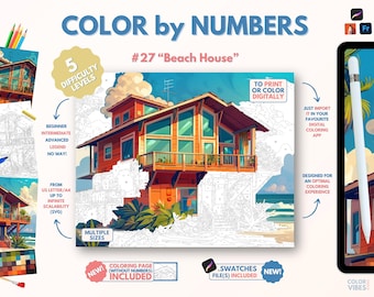 Couleur par numéros pour adultes « Beach House » / Peinture imprimable par numéros / Pages de coloriage numériques / Procréer / Ipad / Art-thérapie