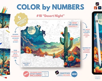 Couleur par numéros pour adultes « Desert Night » / Peinture imprimable par numéros / Pages de coloriage numériques / Procréer / Ipad / Art-thérapie