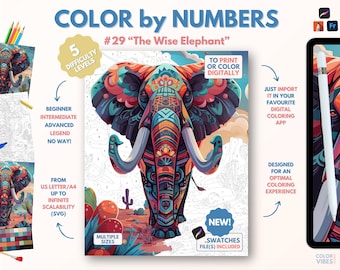 Couleur par numéros pour adultes « L’éléphant sage » / Peinture imprimable par numéros / Pages de coloriage numériques / Procréer / Ipad / Art-thérapie