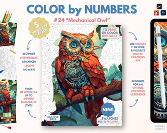 Couleur par numéros pour adultes « Chouette mécanique » / Peinture imprimable par numéros / Pages de coloriage numériques / Procréer / Ipad / Art-thérapie