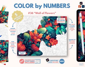 Couleur par numéros pour adultes « Mur de fleurs » / Peinture imprimable par numéros / Pages de coloriage numériques / Procréer / Ipad / Art-thérapie