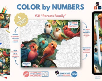 Couleur par numéros pour adultes « Famille de perroquets » / Peinture imprimable par numéros / Pages de coloriage numériques / Procréer / Ipad / Art-thérapie