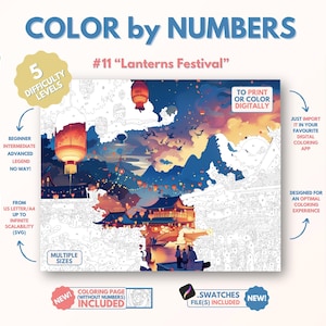 Puede incluir: Una página para colorear por números con una ilustración vibrante de un festival asiático tradicional con linternas, edificios y personas. El título "#11 "Lanterns Festival" está en la parte superior de la página. La página está diseñada para una experiencia de coloración óptima y se puede imprimir o colorear digitalmente.