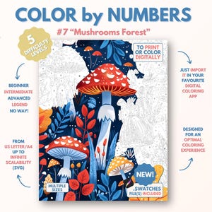 Può includere: Pagina da colorare Color by Numbers con una scena di bosco fantasiosa con funghi, foglie e fiori. La pagina è etichettata "#7 "Mushrooms Forest"" e include cinque livelli di difficoltà.