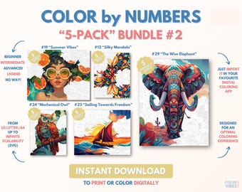 5 x Couleur par numéros pour adultes Bundle / Peinture imprimable par numéros / Pages de coloriage numériques téléchargeables / Procréer / Ipad / Art-thérapie