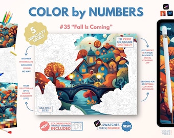 Couleur par numéros pour adultes « L’automne arrive » / Peinture imprimable par numéros / Pages de coloriage numériques / Procréer / Ipad / Art-thérapie