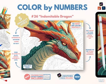 Couleur par numéros pour adultes « Dragon indomptable » / Peinture imprimable par numéros / Pages de coloriage numériques / Procréer / Ipad / Art-thérapie