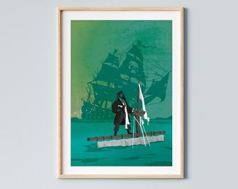 May include: A digital illustration of a pirate standing on a small raft in the ocean. The pirate is wearing a black coat and hat, and is holding a map. In the background, a large pirate ship sails away in the distance.