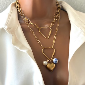 Carabiner necklace, Chunky charm necklace, Custom gold vintage, handmade Christmas gift women, paperclip necklace, pearl pendant