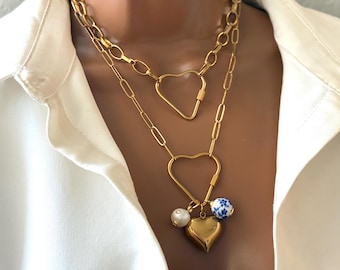 Carabiner necklace, Chunky charm necklace, Custom gold vintage, handmade Christmas gift women, paperclip necklace, pearl pendant