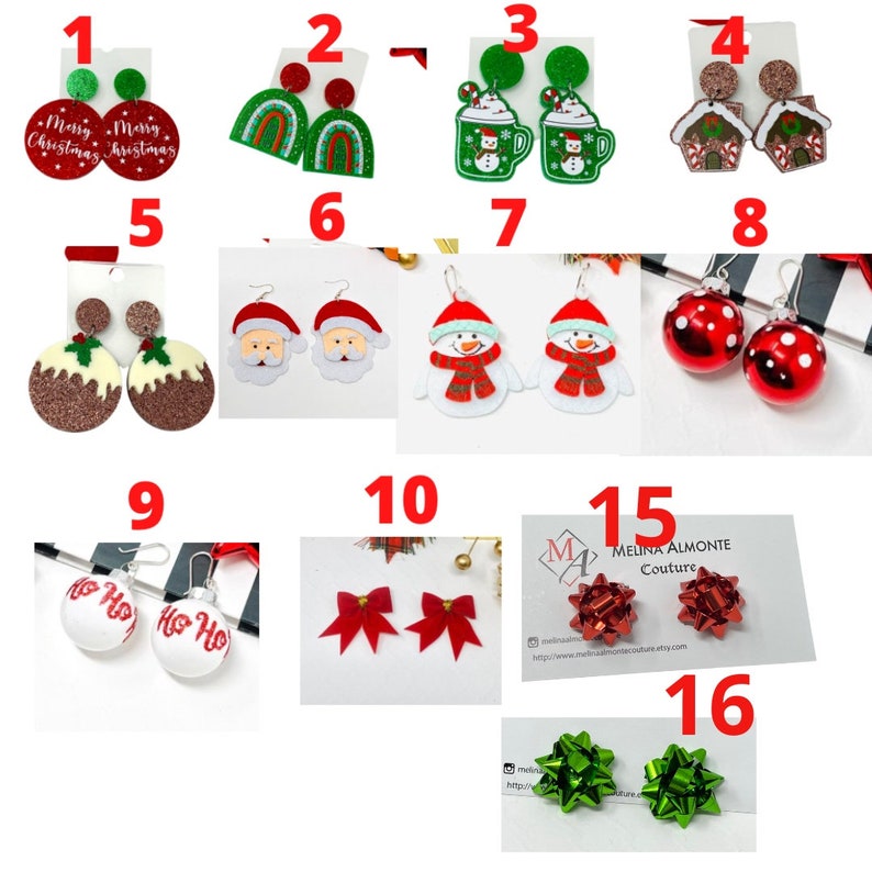 May include: A collection of 16 pairs of Christmas-themed earrings. The earrings are made of various materials, including felt, glitter, and metal. Some of the designs include a snowman, a Christmas tree, a gingerbread house, and a Christmas ornament. The earrings are all handmade and unique.