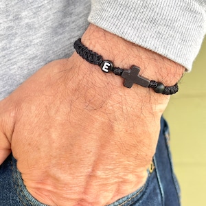 Cross bracelet men, Initial bracelet, Christian religious catholic protection, black cord beads, Christmas gift for him, boyfriend father