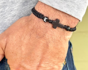 Cross bracelet men, Initial bracelet, Christian religious catholic protection, black cord beads, Christmas gift for him, boyfriend, father