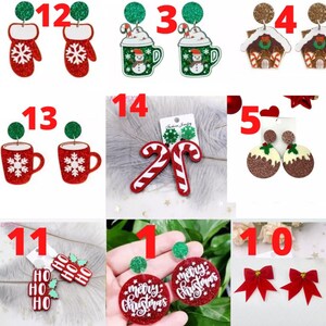 May include: Assortment of 10 pairs of Christmas-themed earrings. The earrings are made of glitter and feature various designs, including mittens, candy canes, mugs, gingerbread houses, and ornaments.