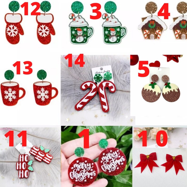 May include: Assortment of 10 pairs of Christmas-themed earrings. The earrings are made of glitter and feature various designs, including mittens, candy canes, mugs, gingerbread houses, and ornaments.