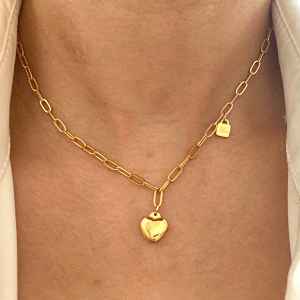 18k solid gold necklace, Paperclip chain necklace, Christmas gift, stocking for women, Stainless steel heart & lock necklace, best gift