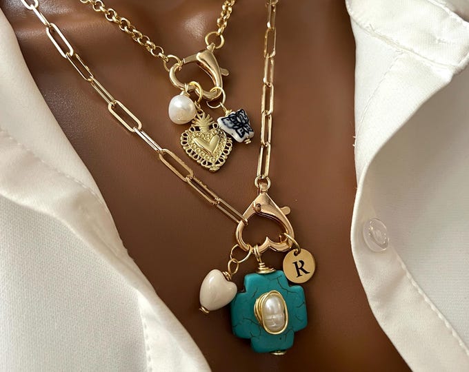 Carabiner necklace, Chunky charm necklace, Custom gold vintage, handmade Christmas gift women, paperclip necklace, pearl pendant