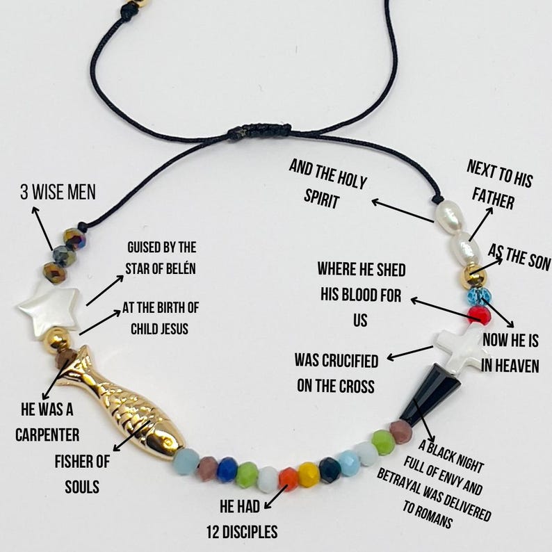 May include: A black string necklace with colorful beads and charms, including a gold fish, a white star, and a white cross. The necklace represents the life of Jesus Christ, with text describing his journey from birth to death and resurrection.