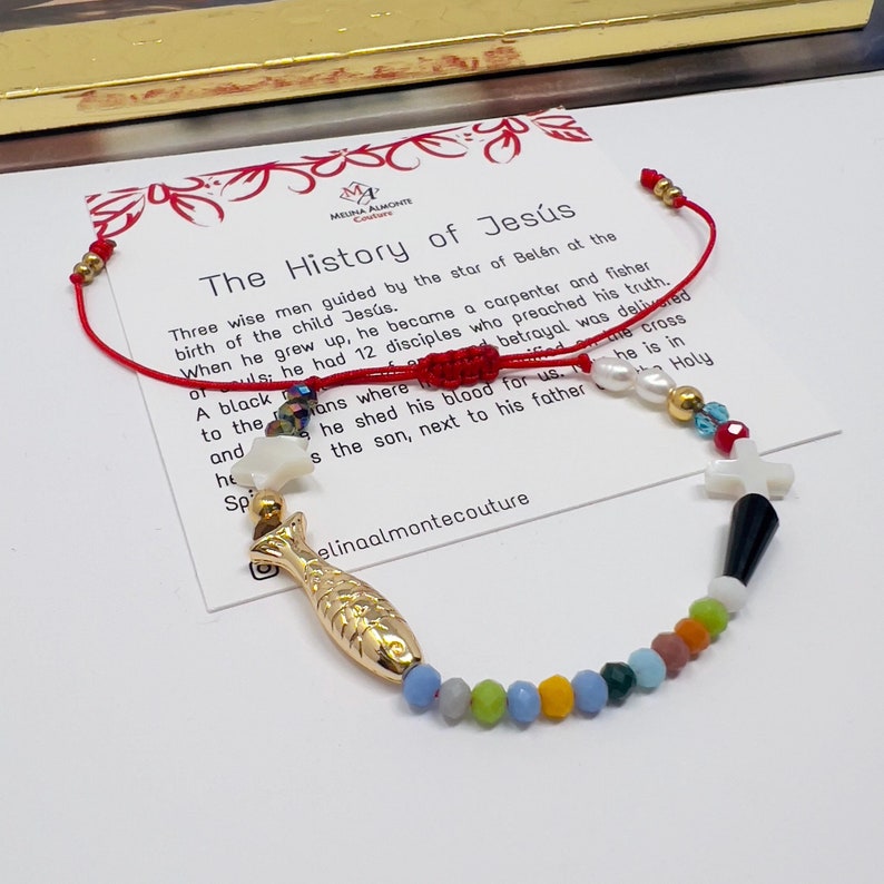 Christian bead bracelet, cross and gold charms about the story of jesus
