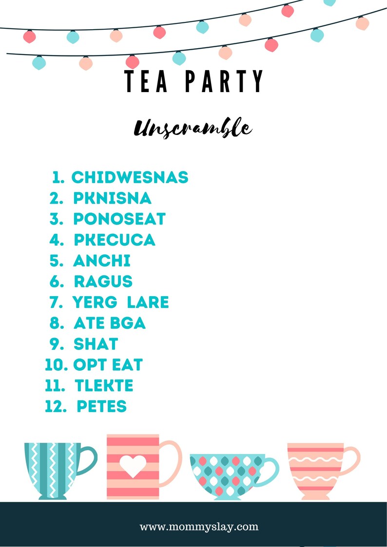 Tea Party Themed Word Search and Tea Party Themed Unscramble Etsy
