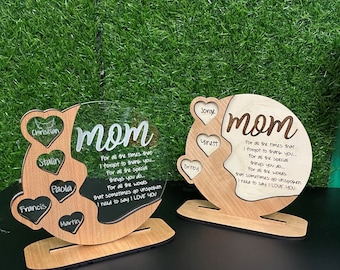 May include: Two wooden plaques with a heart-shaped cutout for each child's name. The plaques are engraved with the word "Mom" and a message of appreciation. The names on the plaques are Christian, Stalin, Paola, Francis, Martin, Jorge, Yinett, and Britey.