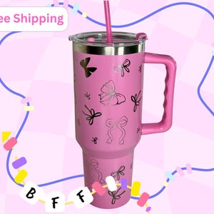 Pink Bow Tumbler with Handle 40oz Stainless Steel Cup Insulated Travel Mug with Straw Cute Girly Gift for Her Trendy Aesthetic Cup
