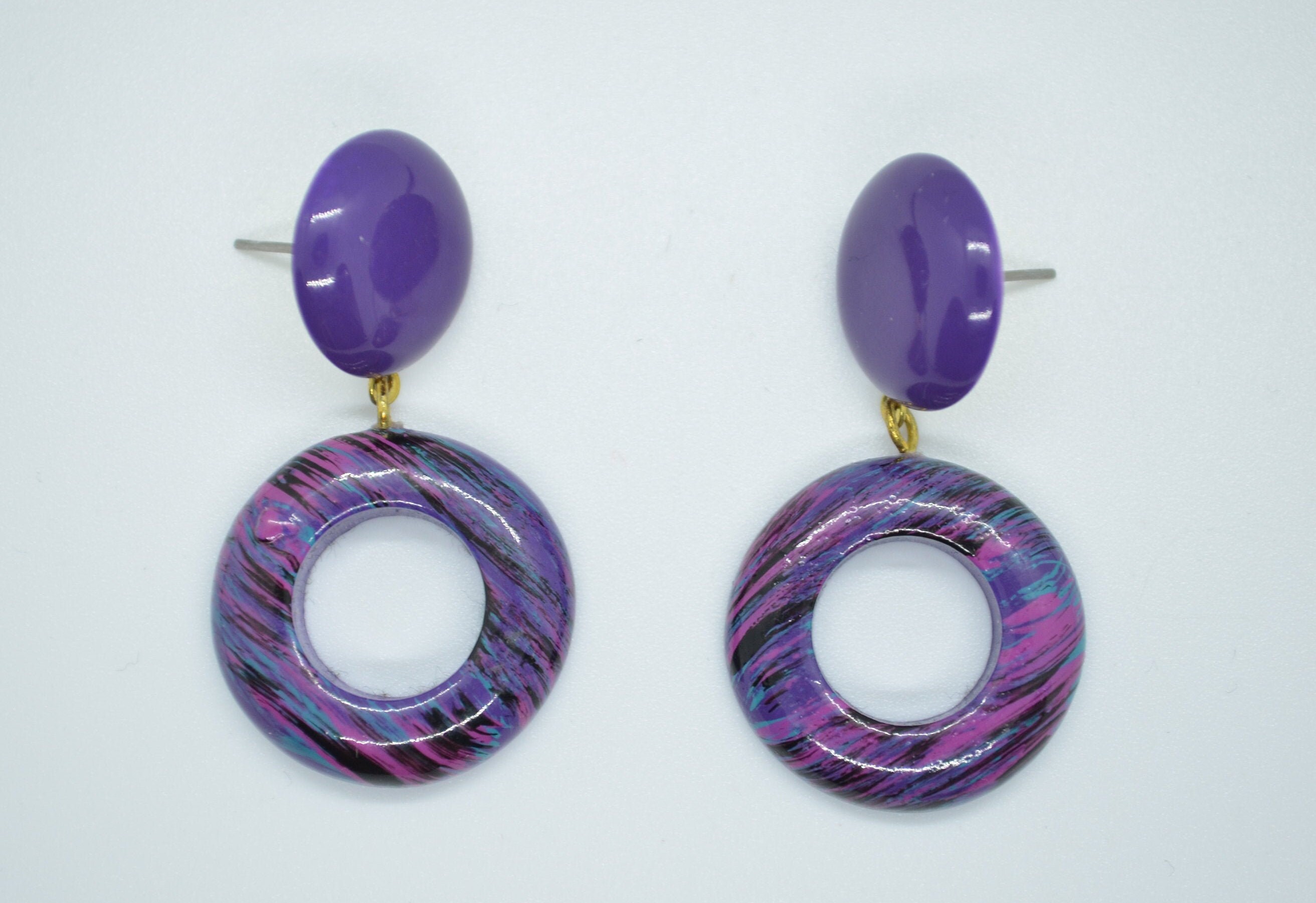 1960's MOD STYLE EARRINGS, Vintage, Hoops, Purple, Abstract Design, 60 ... image.