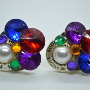 1980 's STATEMENT OORBELLen, Faux edelstenen, Faux Pearl, Silver Tone, clip op, 80 's glam, Bold fashion, retro oorbellen, unieke oorbellen