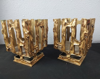 mid century satin bronze brutality candle holders - pair