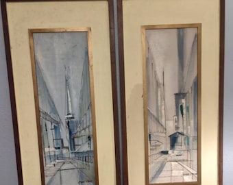 Mid century urban scene on wood board