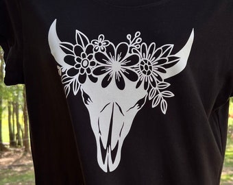 Black cow skull with flowers
