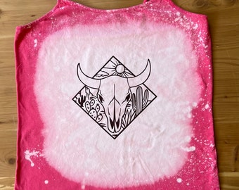 Womens spaghetti strap tank pink with cow skull decal