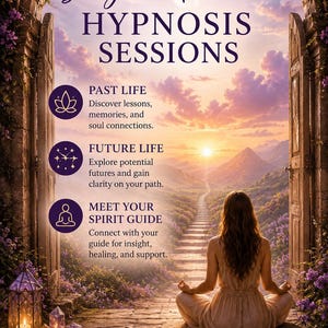Puede incluir: Un póster digital titulado Light Trance HYPNOSIS SESSIONS que muestra a una persona en posición de meditación frente a un arco de piedra abierto. La escena presenta un camino hacia un atardecer, flores moradas, una linterna y descripciones.