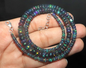 Black Fire Opal Beaded Necklace with Sterling Silver, 3to5mm Opal beads jewelry